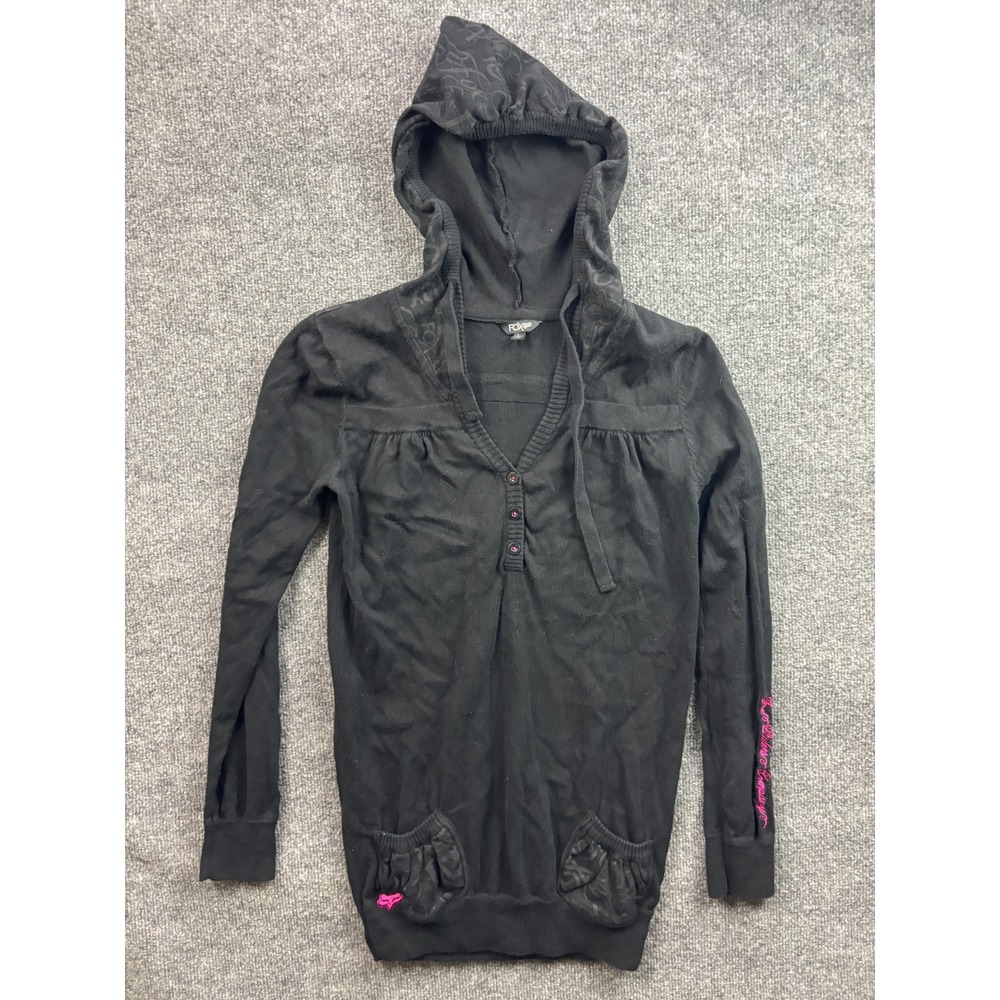 Fox Racing Knit Hoodie Women Large Black Long Sleeve Henley Logo
